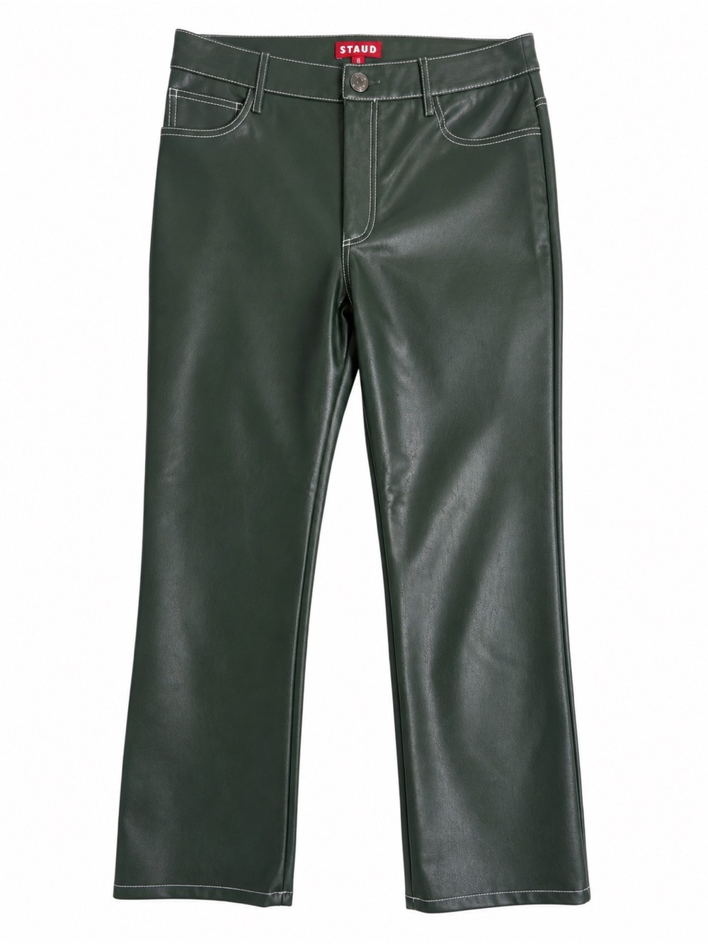STAUD Chisel Vegan Leather Pants‎ 8 Forest Green Contrast Stitch Straight Leg